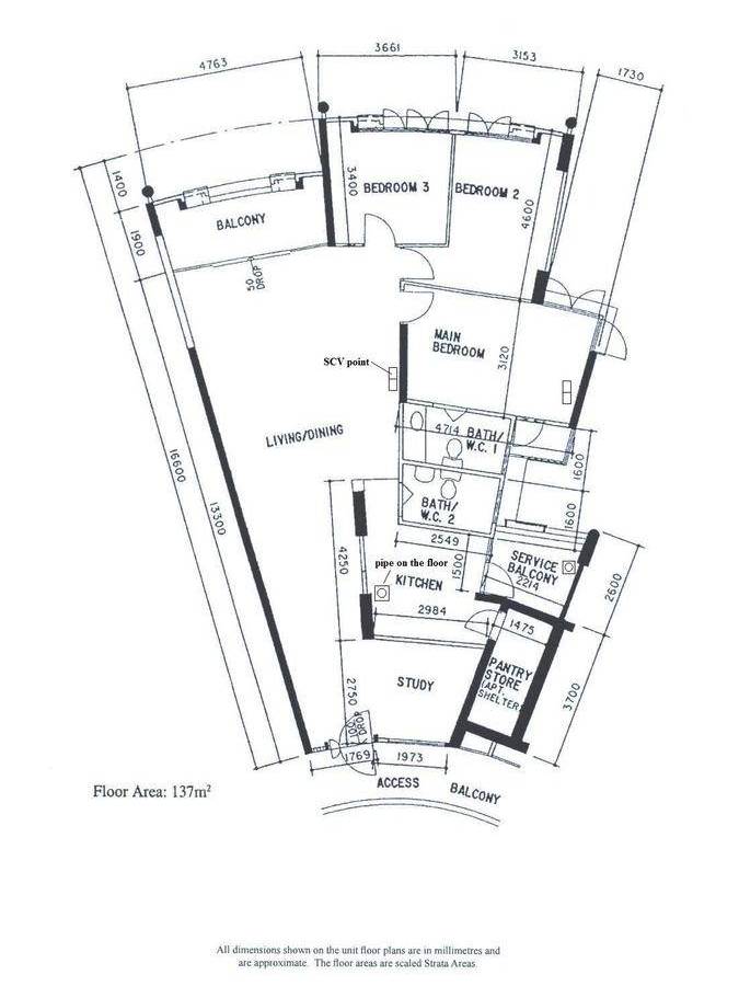 Wedge shaped HDB floor plan showing an irregular layout in older flats