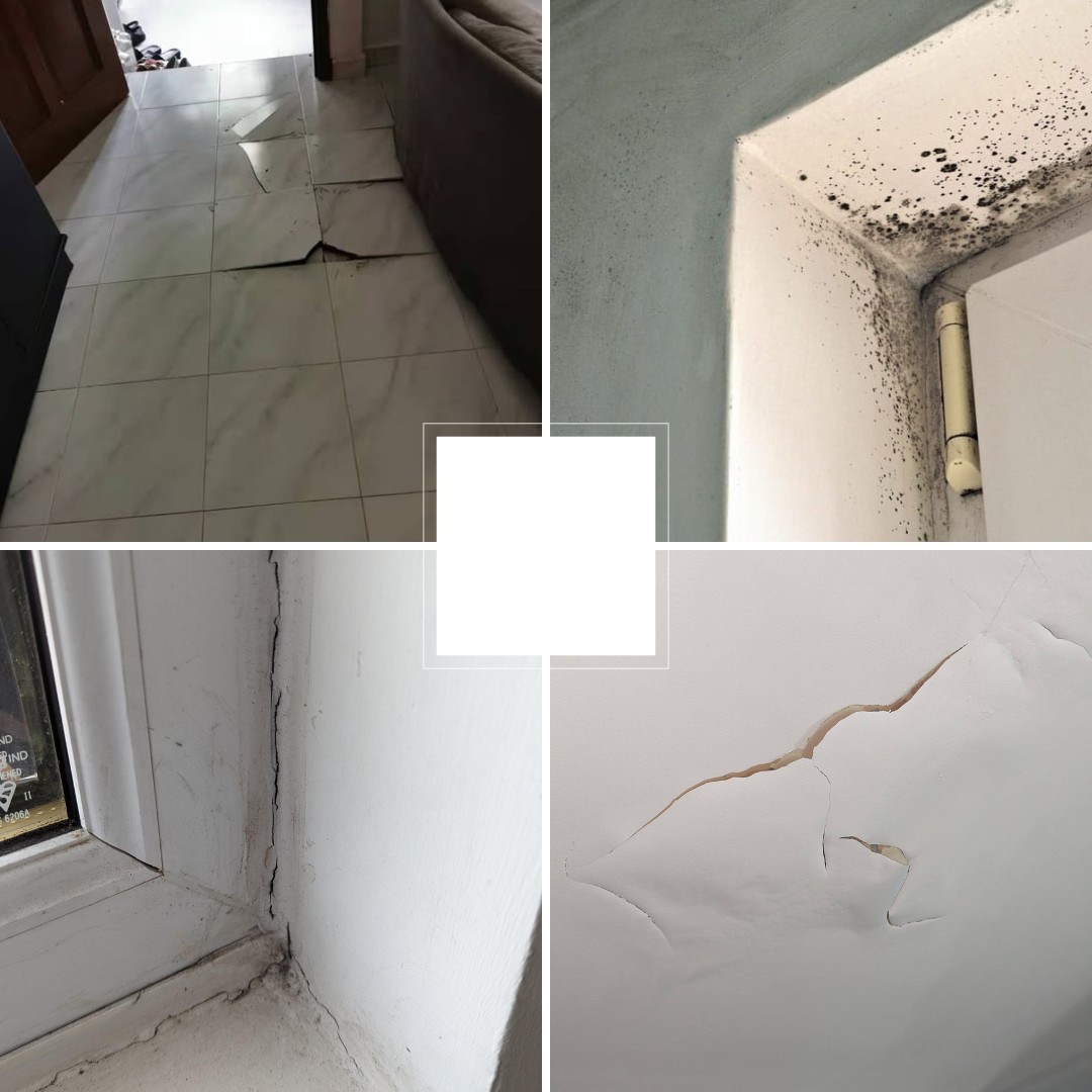 Signs of hidden issues in a resale HDB flat, including bloated ceiling paint, cracks, uneven flooring and mould.