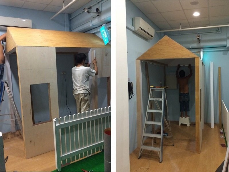 In-progress custom wooden feature house carpentry build for Kiddiwinkie Schoolhouse by Le Interi
